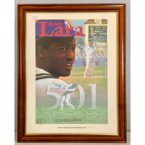 206 - BRIAN LARA, FRAMED PRINT OF LARA'S WORLD RECORD BREAKING 501 PRINT 229/5000, SIGNED TO BOTTOM