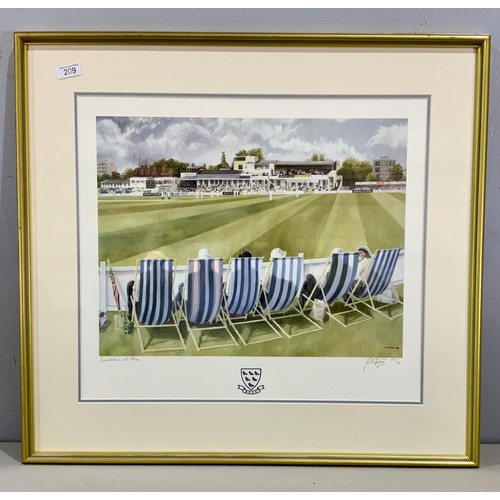 209 - FRAMED PRINT, SUSSEX COUNTY CRICKET CLUB, PRINT LUNCHTIME AT HOVE, M P SPEIGHT 371/500