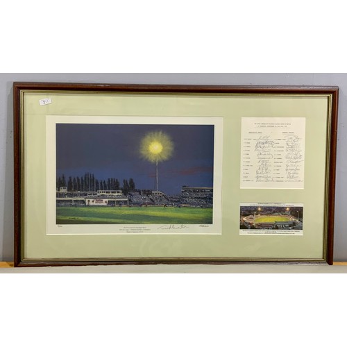 211 - FRAMED PRINT FIRST COMPETITIVE FLOODLIT DAY NIGHT GAME, WARWICKSHIRE V SOMERSET, EDGBASTON 1997, PLU... 