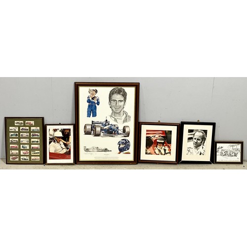 68 - TRIBUTE TO DAMON HILL, TOGETHER WITH RACING DRIVER PHOTOS 1950’S/60’S, FRAMED CIGARETTE CARDS AND 1 ... 