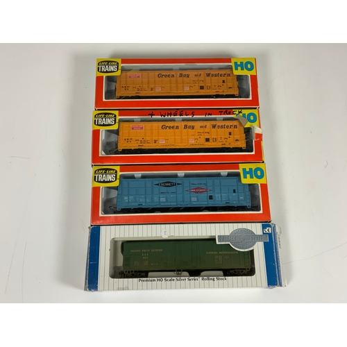 340 - AMERICAN HO,  BOXED LIFE LONG THRALL DOOR BOX CAR WAGONS, PLUS SILVER SEAL 50’ STEEL REEFER.