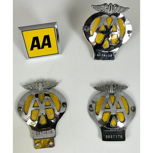 13 - THREE VINTAGE AA BADGES AND ONE OTHER