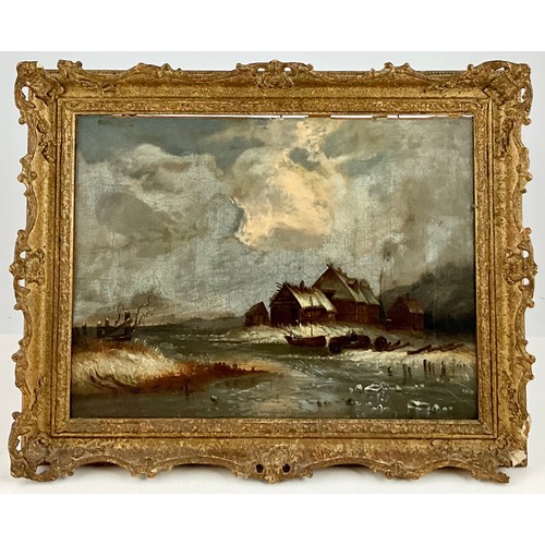 10 - ANTIQUE OIL ON BOARD DEPICTING A REMOTE FISHING SHANTY SCENE IN ORNATE FRAME. NO APPARENT SIGNATURE.... 