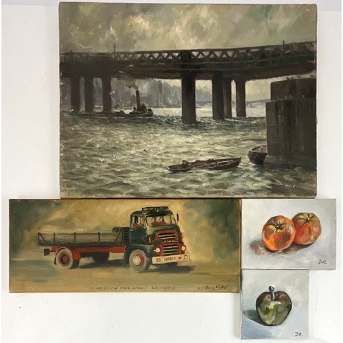 11 - 4 x OIL ON CANVAS WORKS, 2 X SMALL STILL LIFE, 1 X VINTAGE LORRY AND 1 X CHARING CROSS BRIDGE SCENE