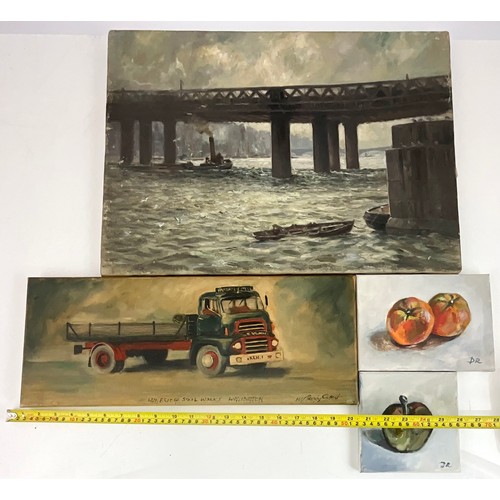 11 - 4 x OIL ON CANVAS WORKS, 2 X SMALL STILL LIFE, 1 X VINTAGE LORRY AND 1 X CHARING CROSS BRIDGE SCENE