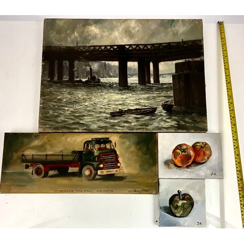 11 - 4 x OIL ON CANVAS WORKS, 2 X SMALL STILL LIFE, 1 X VINTAGE LORRY AND 1 X CHARING CROSS BRIDGE SCENE