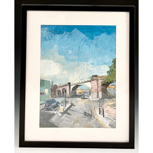 13 - NAIVE OIL PAINTING OF GLOUCESTER ROAD SIGNED KEITH TIDBALL 2017 T/W UNSIGNED OIL ON CANVAS OF RURAL ... 