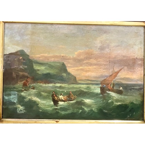 16 - LARGE OIL DEPICTING BOATS ON A ROUGH SEA 75cm x 50cm T/W A COPY OF HENRY MOORE’S CATSPAWS OFF THE LA... 