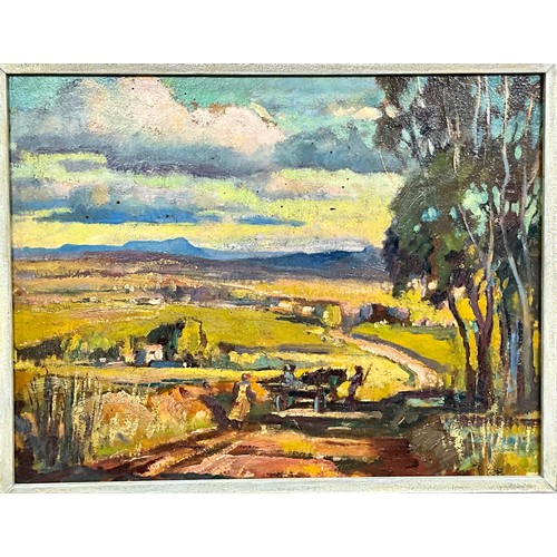 18 - 2 OILS ON CANVAS, ONE DEPICTING A RURAL SCENE 41cm x 32cm, THE OTHER OF A TOWN BRIDGE OVER A RIVER I... 