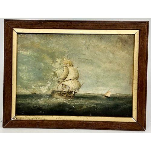 19 - INTERESTING OIL ON PANEL DEPICTING A MARITIME SCENE WITH GALLEON, APPROX. 36 X 25 cm