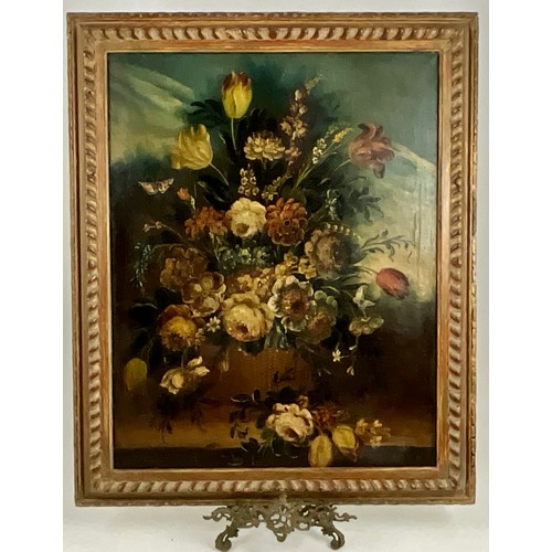 21 - STILL LIFE OIL ON CANVAS BASKET WITH FLORAL DISPLAY, APPROX. 58 X 75 cm, GOOD FRAME