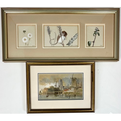 33 - JOHN NEALE WATERCOLOUR HARVEST MOUSE TRYPTYCH AND A WATERCOLOUR OF A DUTCH SCENE