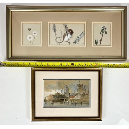 33 - JOHN NEALE WATERCOLOUR HARVEST MOUSE TRYPTYCH AND A WATERCOLOUR OF A DUTCH SCENE