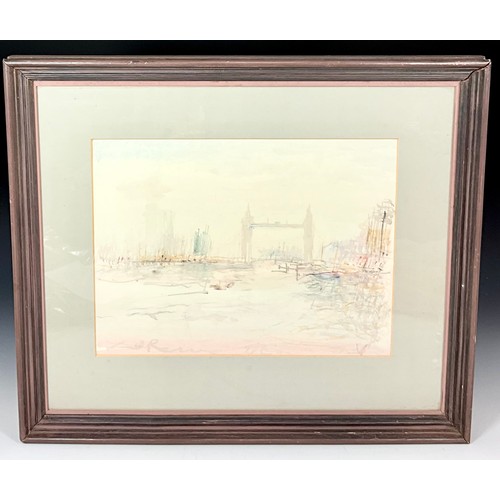 37 - LANDSCAPE WATERCOLOUR AND PASTEL SIGNED ZAFAR RIZVI 32cm x 21cm T/W WATERCOLOUR OF TOWER BRIDGE INDI... 