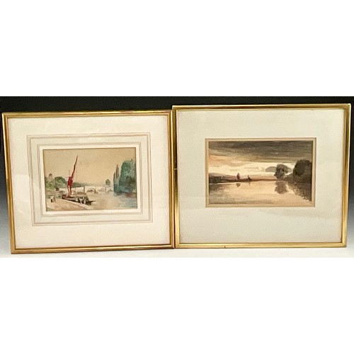 41 - FISHING BOAT WITH RED SAIL BEFORE A BRIDGE WATERCOLOUR SIGNED LASALLE T/W SUNSET OVER A LAKE WATERCO... 