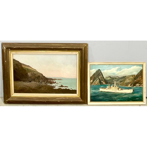 23 - OIL DEPICTING A COASTAL SCENE SIGNED P.SALERNE 59cm x 38cm T/W AN OIL ON BOARD DEPICTING A MILITARY ... 