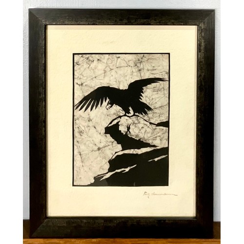 48 - COASTAL ETCHING SIGNED G.S, PASTEL COCKEREL, ORIENTAL INK AND WATERCOLOUR DEPICTING A BIRD ON A BRAN... 