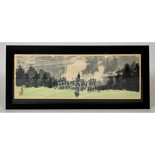 46 - ORIENTAL PICTURE WITH SEAL MARK AND SIGNATURE MARKED HANBURY HALL VERSO, APPROX. 48 x 17 cm