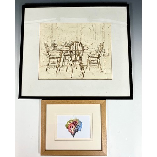 47 - PEN AND INK WASH ‘TABLE AND CHAIRS’ SIGNED ANDREW HORROD T/W MIXED MEDIA PRINT ‘CHILDHOOD REMINDER’ ... 