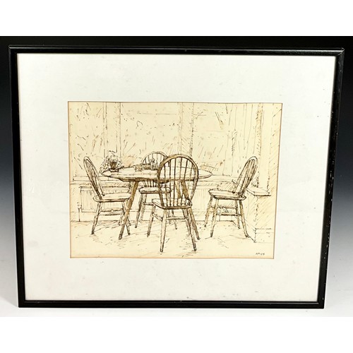 47 - PEN AND INK WASH ‘TABLE AND CHAIRS’ SIGNED ANDREW HORROD T/W MIXED MEDIA PRINT ‘CHILDHOOD REMINDER’ ... 