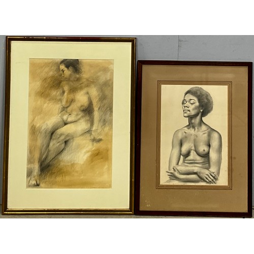 45 - 2 PENCIL LIFE DRAWINGS OF NUDE FEMALE SUBJECTS. 1 SIGNED ROGER ??? 56cm x 36cm AND ‘MEDITATION’ SIGN... 