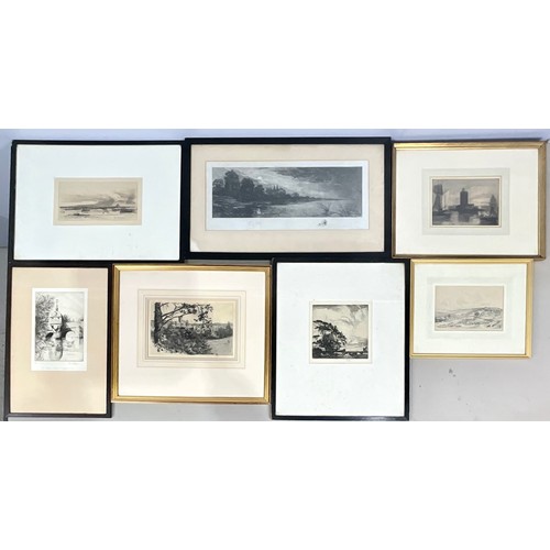 50 - QUANTITY OF FRAMED ENGRAVINGS AND ETCHINGS, SEASCAPES, LANDSCAPES, A BRIDGE AND CATHEDRAL