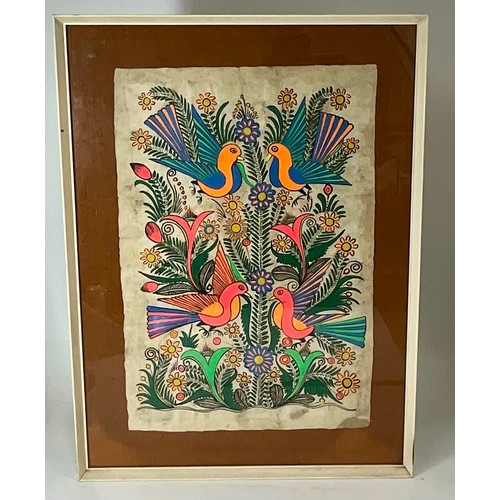 74 - COLOURFUL PICTURE DEPICTING DOVES ON HAND MADE PAPER, APPROX. 65 X 44 cm