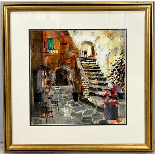 75 - ALLEYWAY, RIOMAGGIORE, ITALY MIXED MEDIA SIGNED MIKE BERNARD 46cm x 46cm