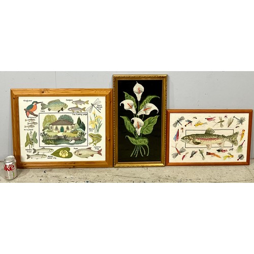 79 - 3 FRAMED EMBROIDERIES, 2 ANGLING THEMED AND ANOTHER OF A PEACE LILY