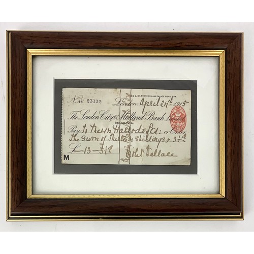 77 - 2 UNUSUAL FRAMES WITH MOUNTED MINIATURES T/W A FRAMED CHEQUE TO HARRODS SIGNED WALLACE