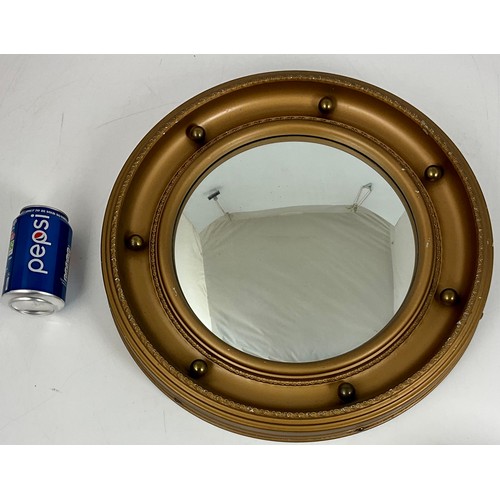 97 - 3 CIRCULAR CONVEX MIRRORS, LARGEST MIRROR APPROX. 29cm DIA. IN GILTED METAL FRAME, A 17cm DIA MIRROR... 