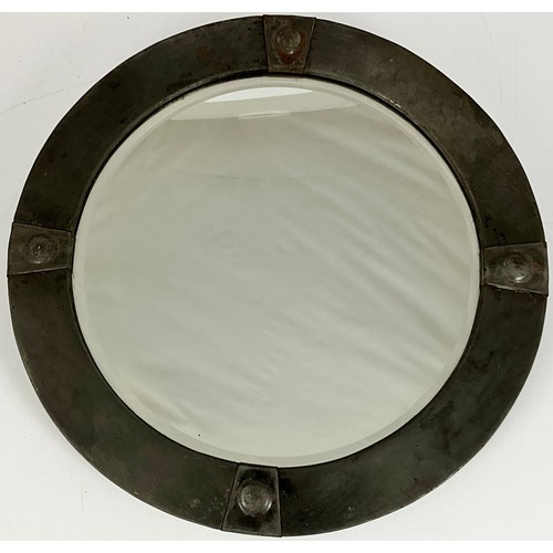 91 - INTERESTING ARTS & CRAFTS CIRCULAR BEVELLED MIRROR WITH HAMMERED METAL ON WOOD FRAME. APPROX. DIA OF... 