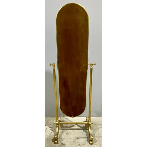 102 - CHEVAL MIRROR ON BRASS STAND. 142cm TALL