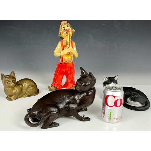 182 - METAL CAT FIGURE, TWO OTHER CAT FIGURES AND A POTTERY CLOWN