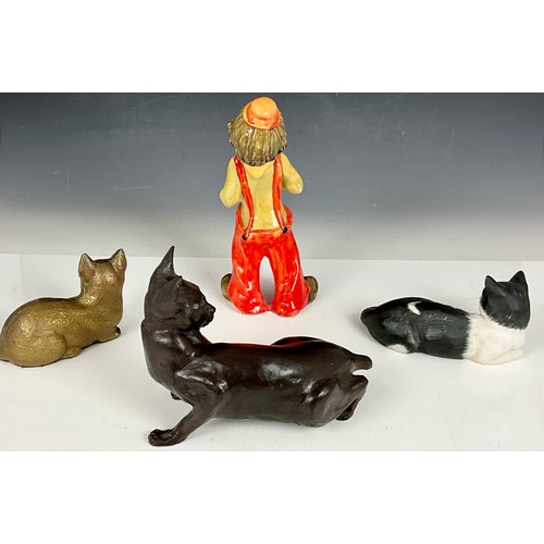 182 - METAL CAT FIGURE, TWO OTHER CAT FIGURES AND A POTTERY CLOWN