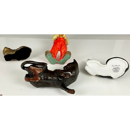 182 - METAL CAT FIGURE, TWO OTHER CAT FIGURES AND A POTTERY CLOWN