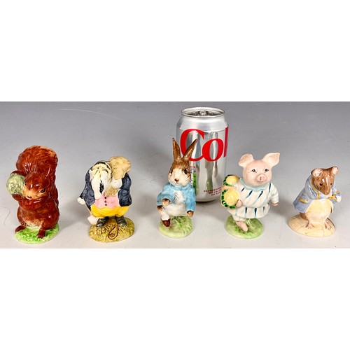 196 - 4 BESWICK BEATRIX POTTER FIGURES, SQUIRREL NUTKIN, TOMMY BROCK, PETER RABBIT, LITTLE PIG ROBINSON T/... 