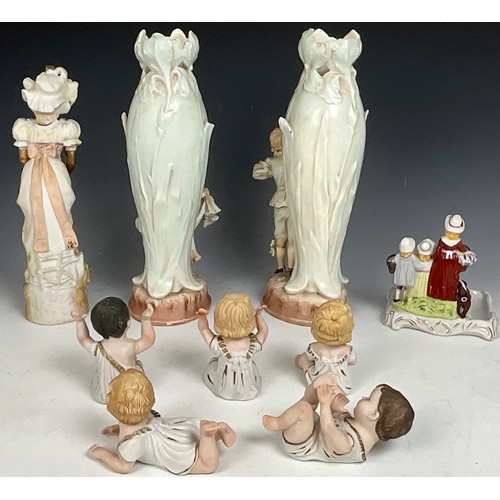 203 - PAIR OF CONTINENTAL FIGURAL VASES, FIVE PIANO DOLLS, YARDLEY SOAP DISH AND CONTINENTAL FIGURE (conti... 