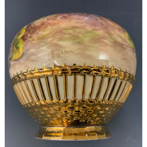 231 - LEIGHTON MAYBURRY ( ROYAL WORCESTER ARTIST  HAND PAINTED FALLEN FRUIT GLOBULAR VASE MISSING COVER  1... 