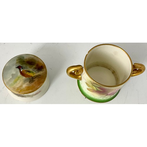 236 - SMALL WORCESTER PATCH POT WITH PHEASANT DECORATION T/W MINIATURE LOVE CUP. (BOTH HAVE SLIGHT DAMAGE)