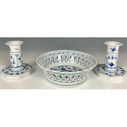 240 - PAIR OF ROYAL COPENHAGEN CANDLESTICKS AND A PIERCED ROYAL COPENHAGEN DISH