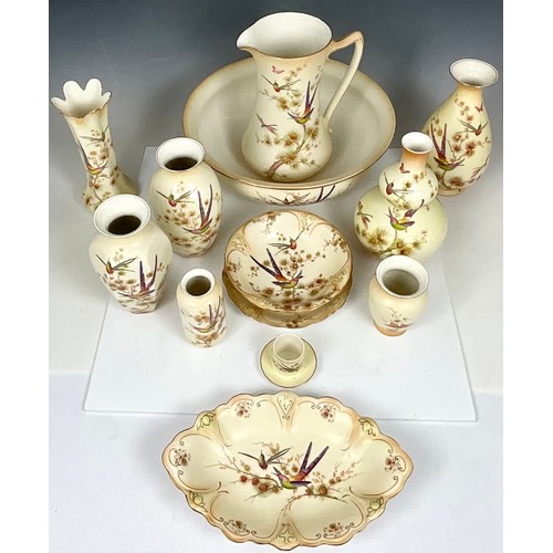 262 - QUANTITY OF VINTAGE CROWN DUCAL BLUSH IVORY JARDINIERE EXOTIC BIRDS AND BUTTERFLIES DESIGN INC. LARG... 