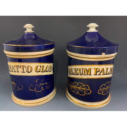 268 - 4 LARGE DRUG / CHEMIST JARS  WITH COVERS COBALT BLUE WITH GILT  DECORATION 30cm TALL ADVISED FROM MA... 