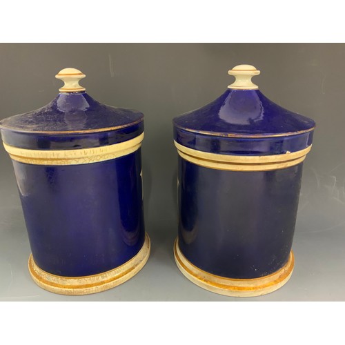 268 - 4 LARGE DRUG / CHEMIST JARS  WITH COVERS COBALT BLUE WITH GILT  DECORATION 30cm TALL ADVISED FROM MA... 