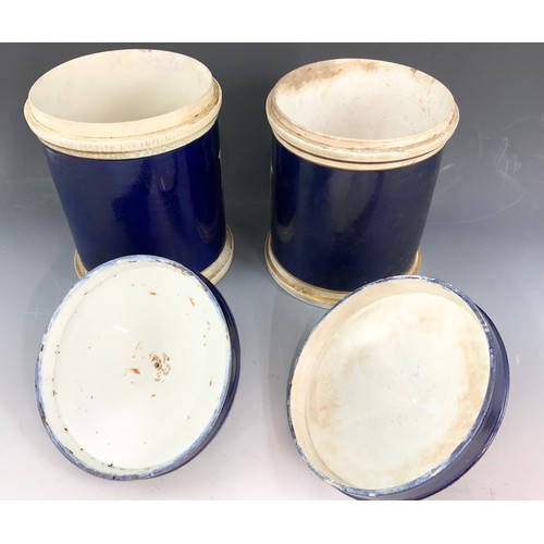 268 - 4 LARGE DRUG / CHEMIST JARS  WITH COVERS COBALT BLUE WITH GILT  DECORATION 30cm TALL ADVISED FROM MA... 