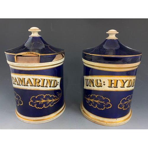 268 - 4 LARGE DRUG / CHEMIST JARS  WITH COVERS COBALT BLUE WITH GILT  DECORATION 30cm TALL ADVISED FROM MA... 