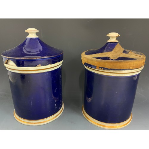 269 - 4 LARGE DRUG / CHEMIST JARS  WITH COVERS COBALT BLUE WITH GILT  DECORATION 30cm TALL  AF ADVISED FRO... 