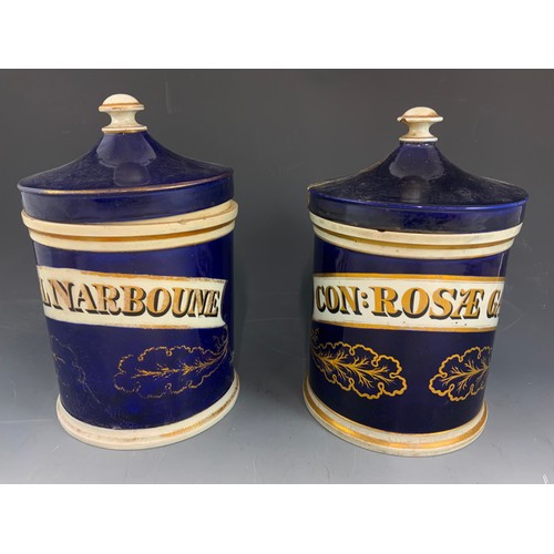 269 - 4 LARGE DRUG / CHEMIST JARS  WITH COVERS COBALT BLUE WITH GILT  DECORATION 30cm TALL  AF ADVISED FRO... 