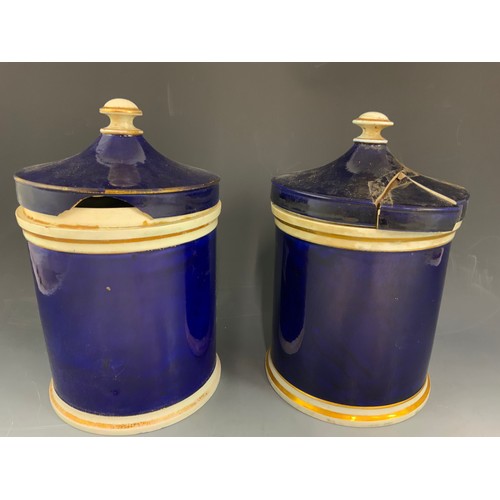 269 - 4 LARGE DRUG / CHEMIST JARS  WITH COVERS COBALT BLUE WITH GILT  DECORATION 30cm TALL  AF ADVISED FRO... 