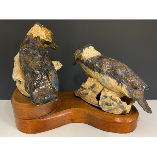 296 - 2  WELL MODELLED  POTTERY KINGFISHER STUDIES ON WOODEN PLINTH WITH  ROSALIND  PARISH TAG  28cm TALL